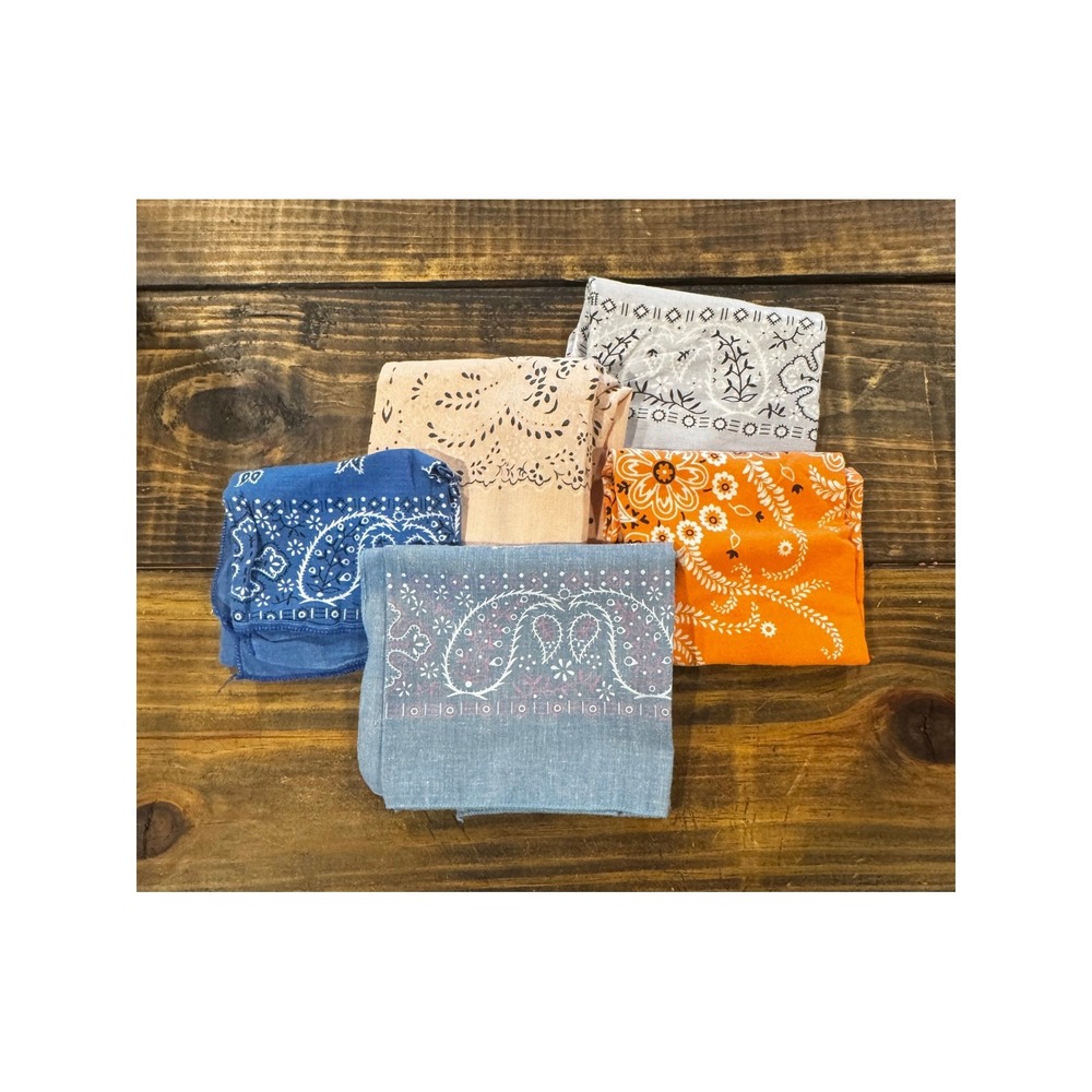 Vintage 90s Bandana Lot 5pc Blue Orange Tan Grey Cotton Paisley Western Scarf